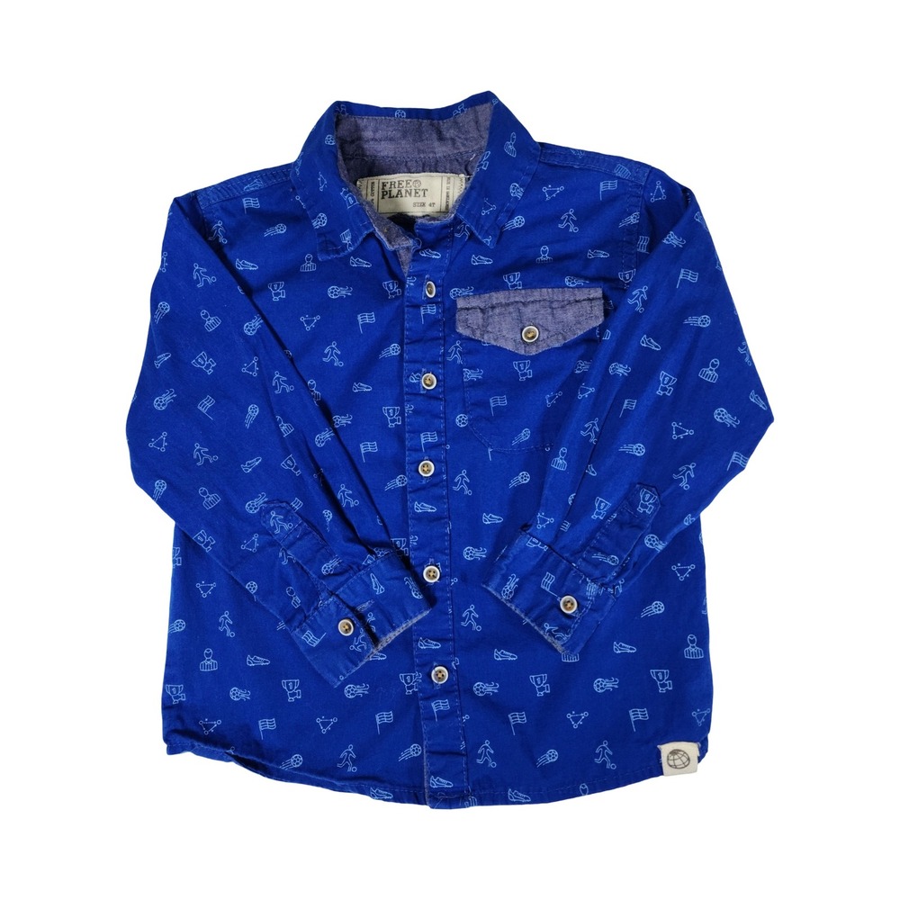 Free Planet Kids Blue Soccer Sports Print Long Sleeve Button Up Shirt Size‎ 4T